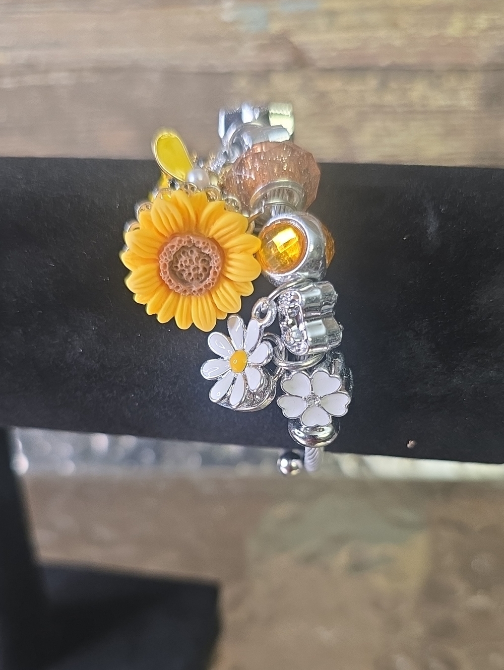 Yellow Sunflower & Daisy Charm Wrap Bracelet, NEW